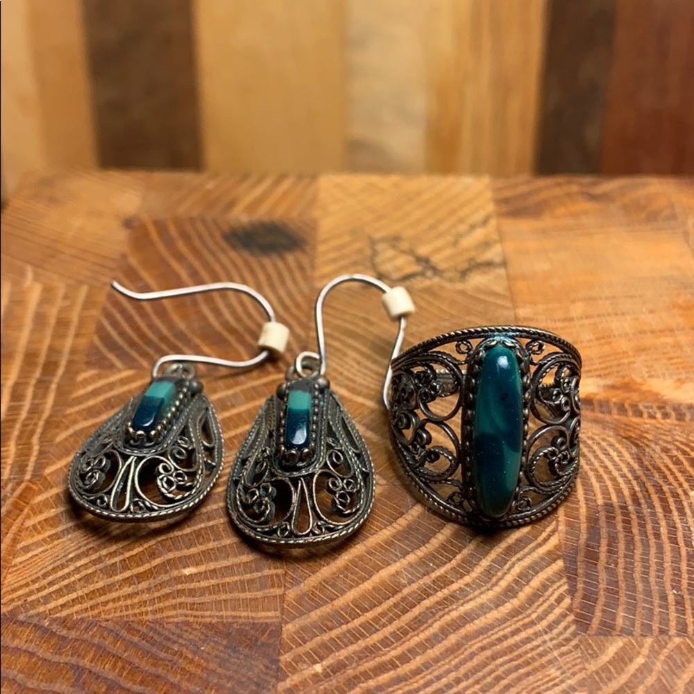 Filigree Earrings & Ring sz7 set w/malachite like